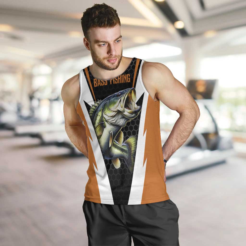 Bass Fishing Men Tank Top Jumping Largemouth Fish on Black Hex Pattern and Orange White Lightning Accents - Wonder Print Shop