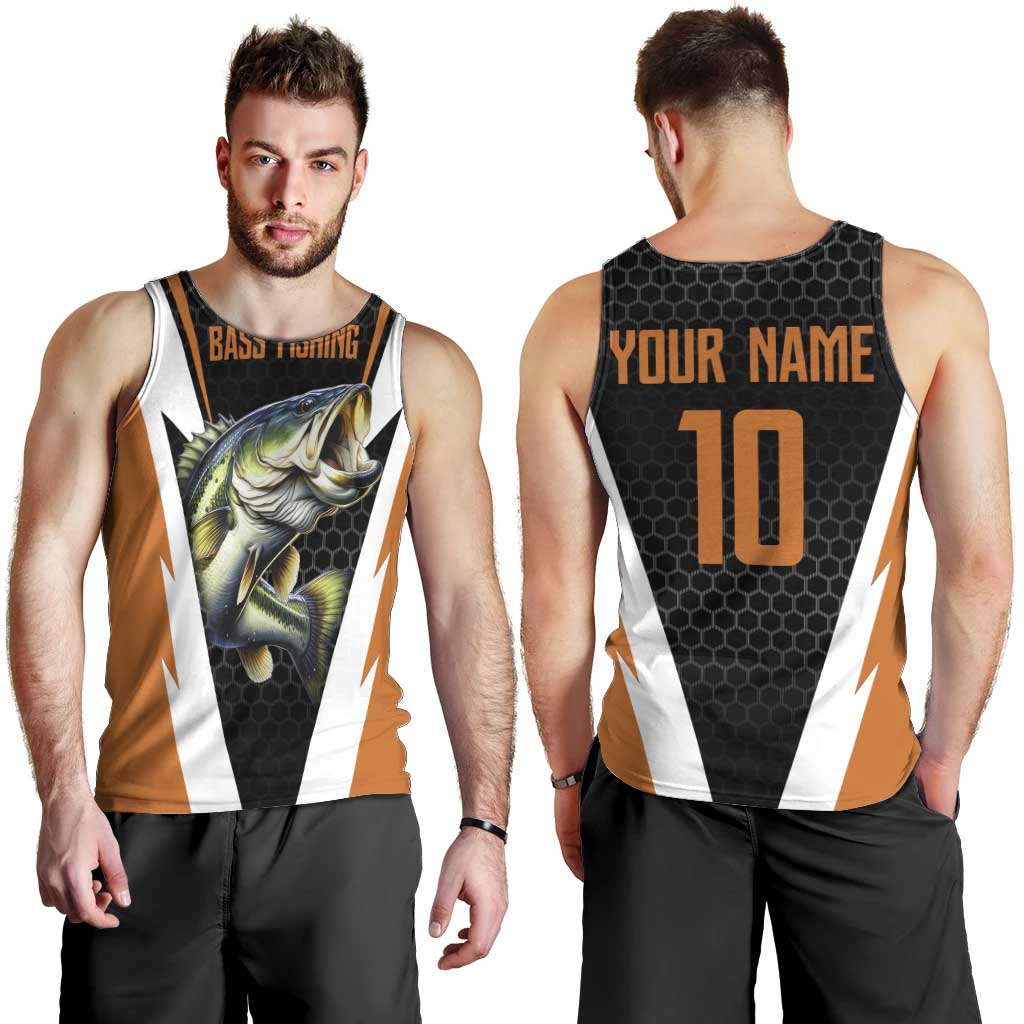 Bass Fishing Men Tank Top Jumping Largemouth Fish on Black Hex Pattern and Orange White Lightning Accents - Wonder Print Shop