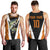 Bass Fishing Men Tank Top Jumping Largemouth Fish on Black Hex Pattern and Orange White Lightning Accents - Wonder Print Shop