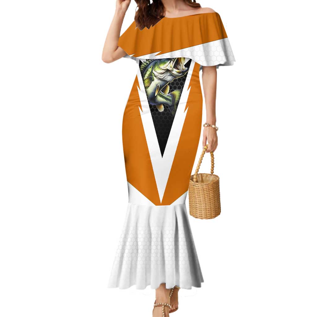 Bass Fishing Mermaid Dress Jumping Largemouth Fish on Black Hex Pattern and Orange White Lightning Accents - Wonder Print Shop