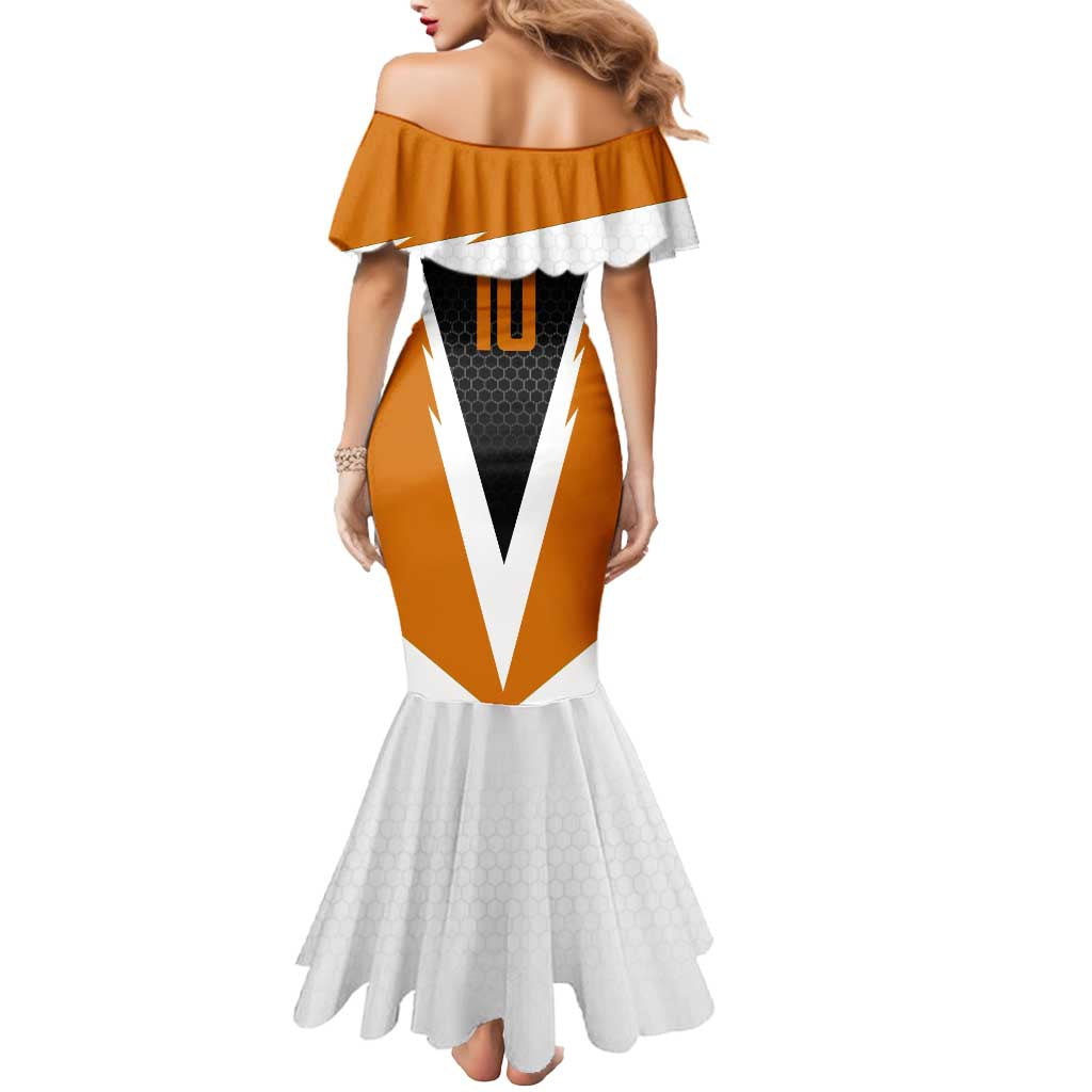 Bass Fishing Mermaid Dress Jumping Largemouth Fish on Black Hex Pattern and Orange White Lightning Accents - Wonder Print Shop