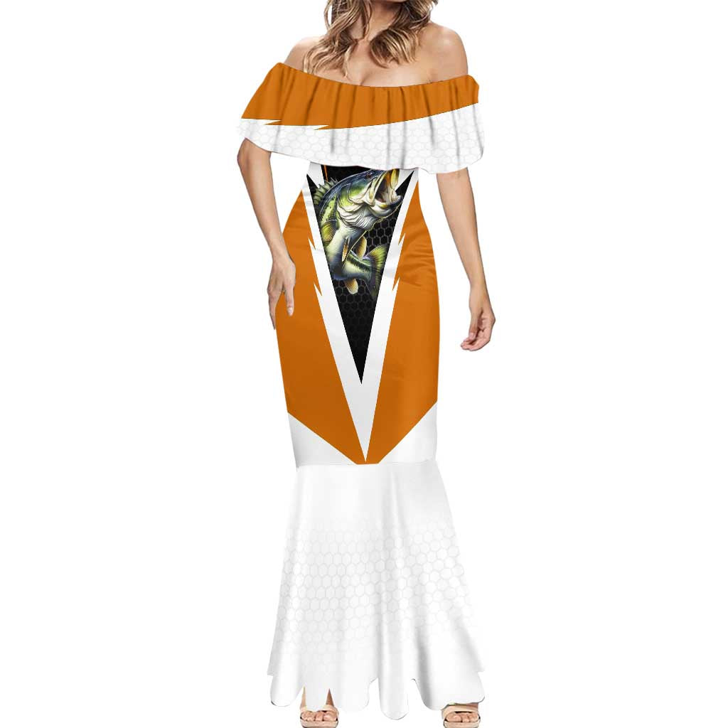 Bass Fishing Mermaid Dress Jumping Largemouth Fish on Black Hex Pattern and Orange White Lightning Accents - Wonder Print Shop