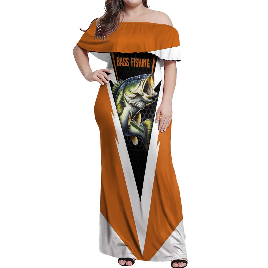Bass Fishing Off Shoulder Maxi Dress Jumping Largemouth Fish on Black Hex Pattern and Orange White Lightning Accents - Wonder Print Shop