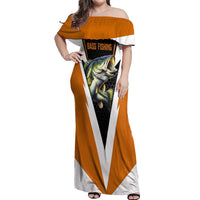 Bass Fishing Off Shoulder Maxi Dress Jumping Largemouth Fish on Black Hex Pattern and Orange White Lightning Accents - Wonder Print Shop