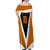 Bass Fishing Off Shoulder Maxi Dress Jumping Largemouth Fish on Black Hex Pattern and Orange White Lightning Accents - Wonder Print Shop