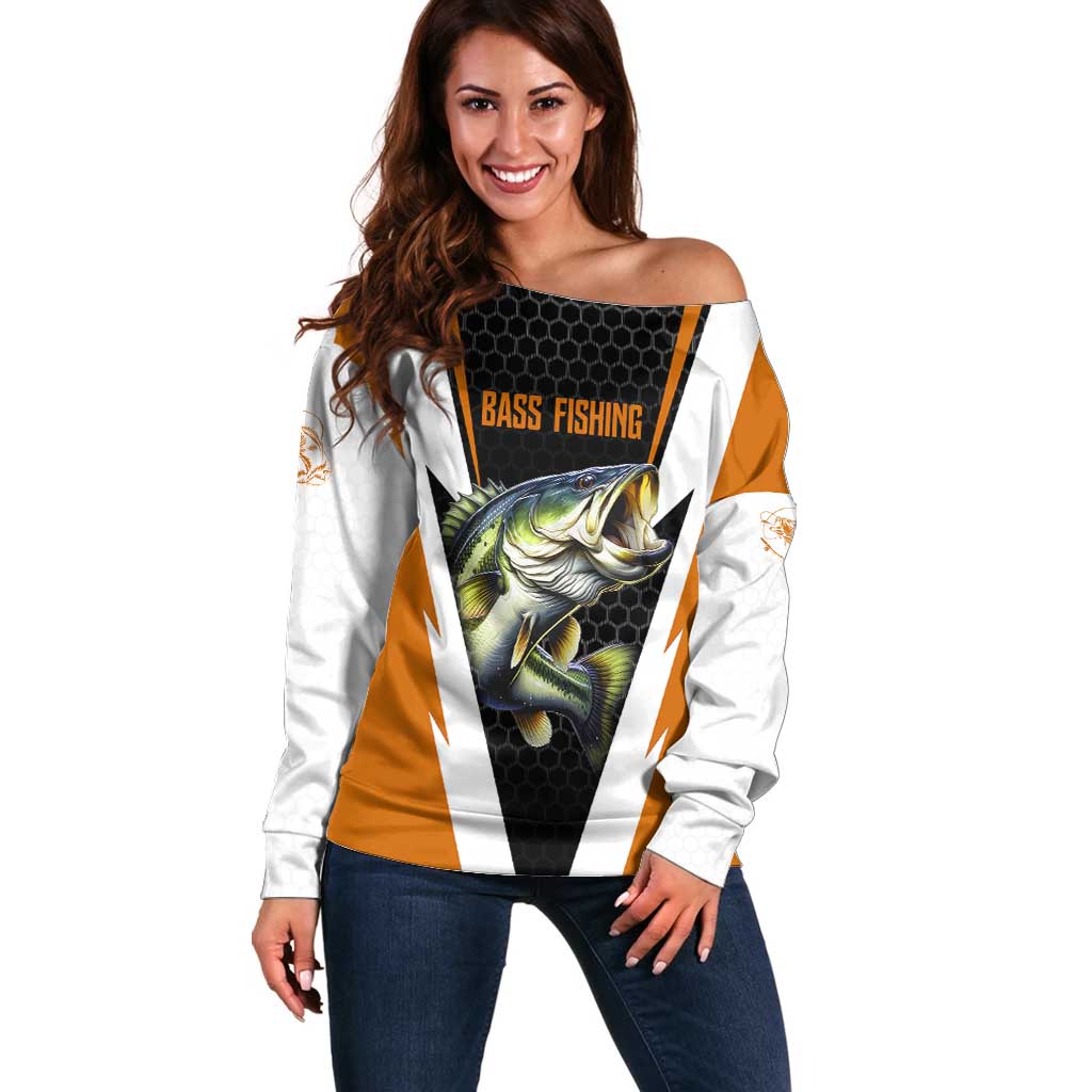 Bass Fishing Off Shoulder Sweater Jumping Largemouth Fish on Black Hex Pattern and Orange White Lightning Accents - Wonder Print Shop