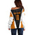 Bass Fishing Off Shoulder Sweater Jumping Largemouth Fish on Black Hex Pattern and Orange White Lightning Accents - Wonder Print Shop