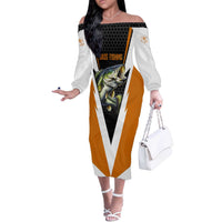 Bass Fishing Off The Shoulder Long Sleeve Dress Jumping Largemouth Fish on Black Hex Pattern and Orange White Lightning Accents - Wonder Print Shop