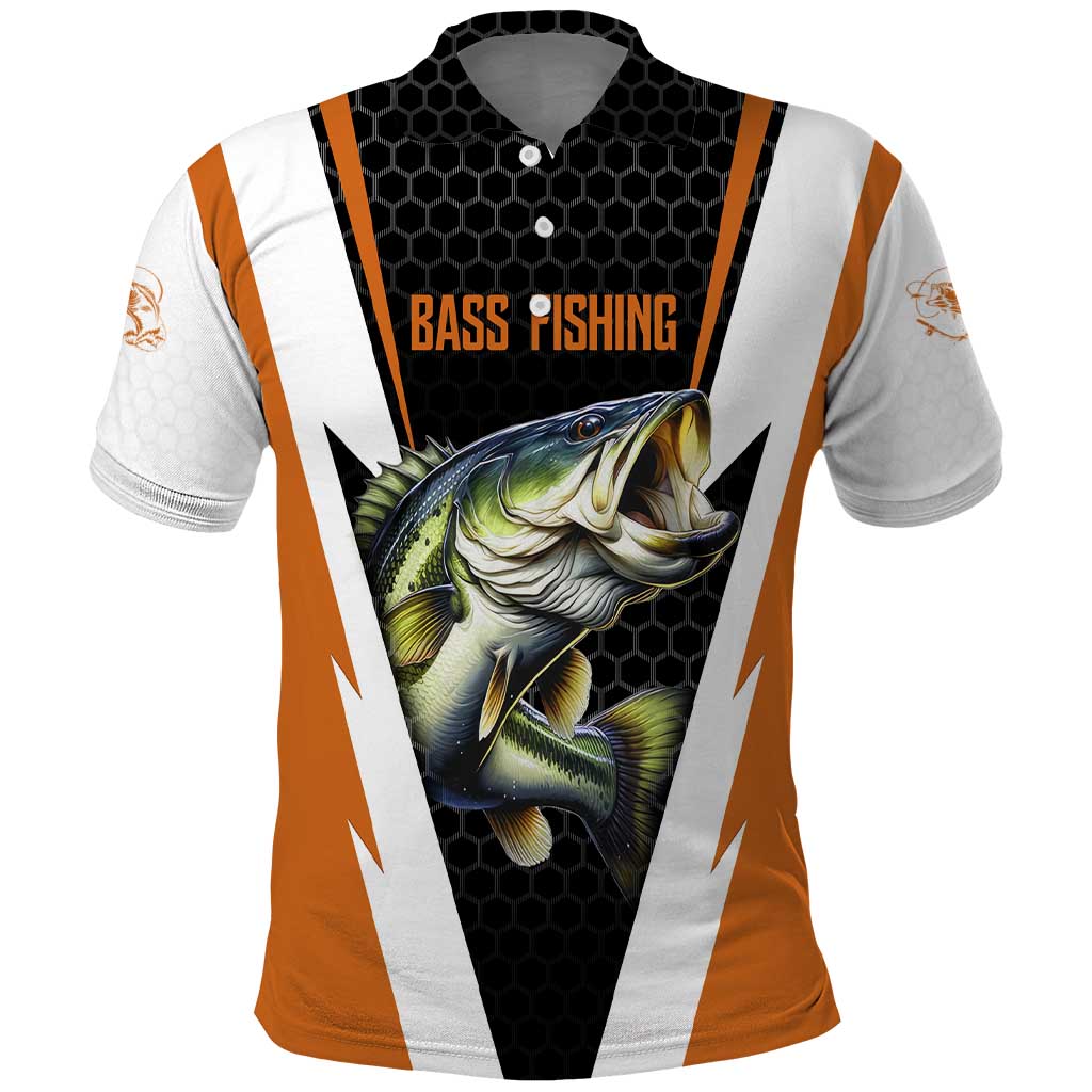 Bass Fishing Polo Shirt Jumping Largemouth Fish on Black Hex Pattern and Orange White Lightning Accents - Wonder Print Shop