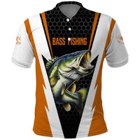 Bass Fishing Polo Shirt Jumping Largemouth Fish on Black Hex Pattern and Orange White Lightning Accents - Wonder Print Shop