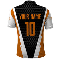 Bass Fishing Polo Shirt Jumping Largemouth Fish on Black Hex Pattern and Orange White Lightning Accents - Wonder Print Shop