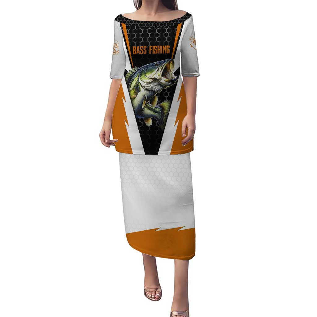 Bass Fishing Puletasi Jumping Largemouth Fish on Black Hex Pattern and Orange White Lightning Accents - Wonder Print Shop