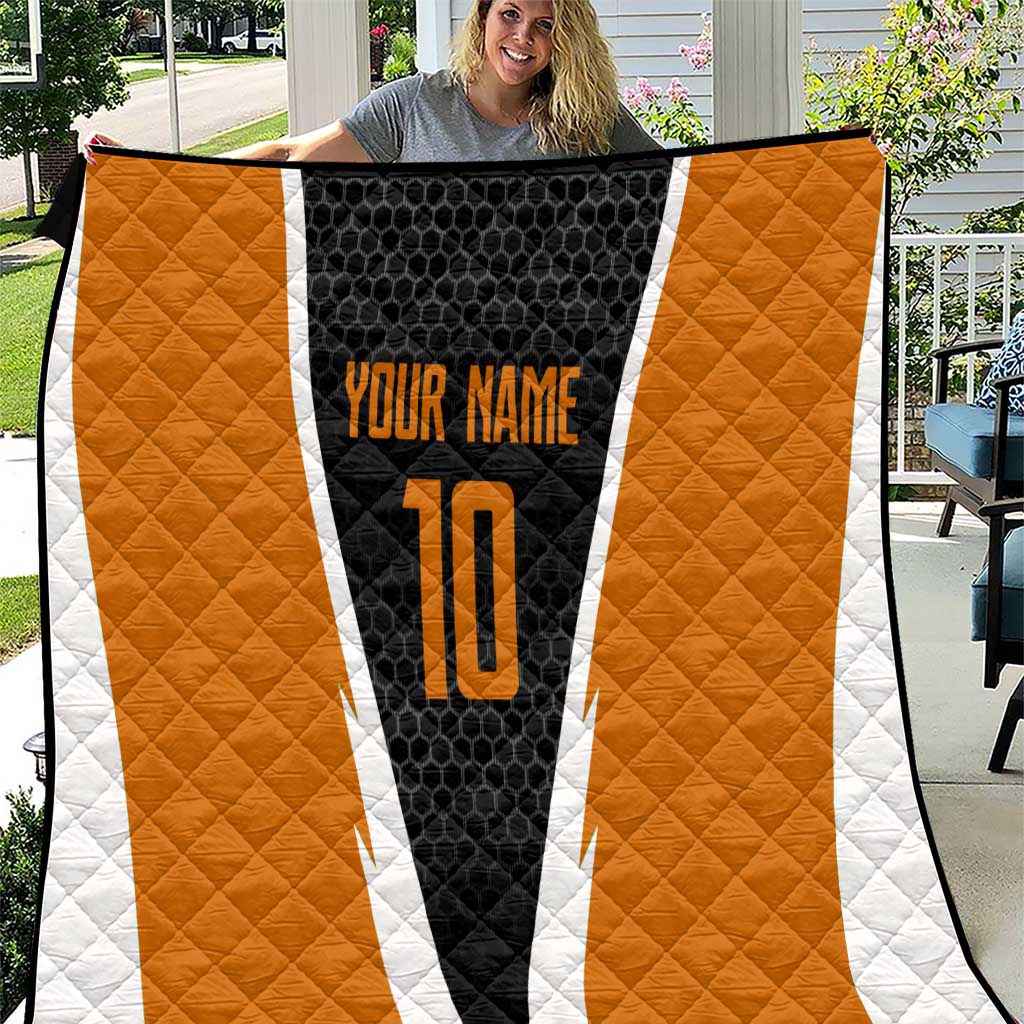 Bass Fishing Quilt Jumping Largemouth Fish on Black Hex Pattern and Orange White Lightning Accents - Wonder Print Shop