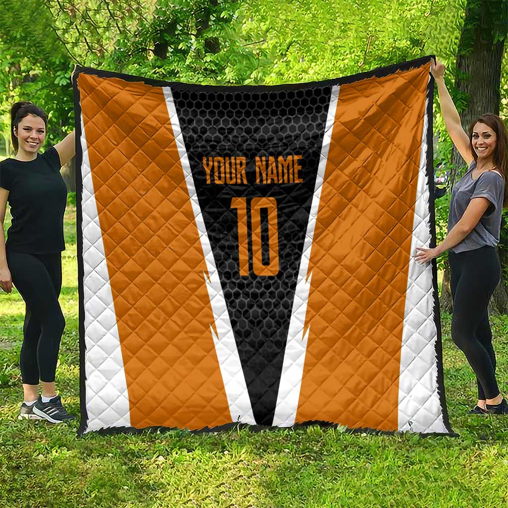 Bass Fishing Quilt Jumping Largemouth Fish on Black Hex Pattern and Orange White Lightning Accents - Wonder Print Shop