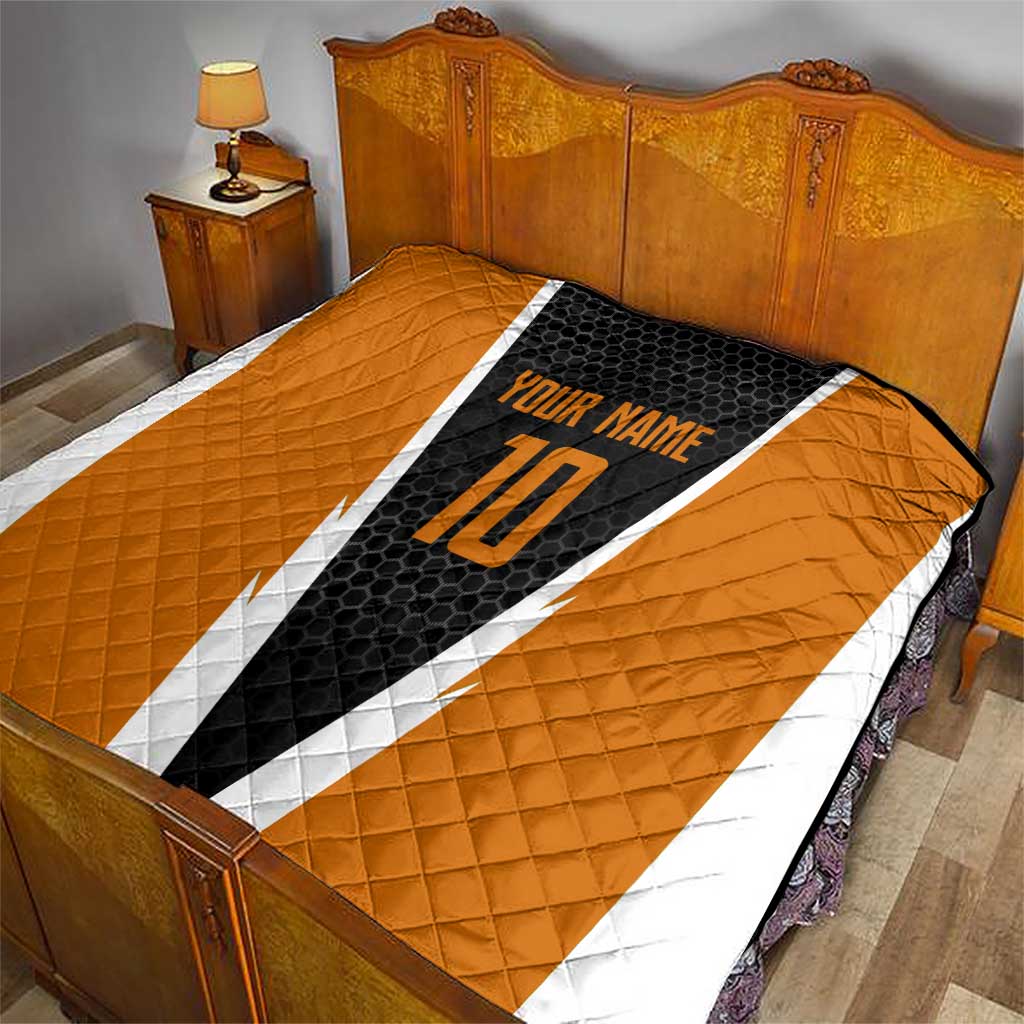 Bass Fishing Quilt Jumping Largemouth Fish on Black Hex Pattern and Orange White Lightning Accents - Wonder Print Shop