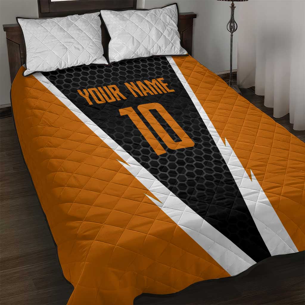 Bass Fishing Quilt Bed Set Jumping Largemouth Fish on Black Hex Pattern and Orange White Lightning Accents - Wonder Print Shop