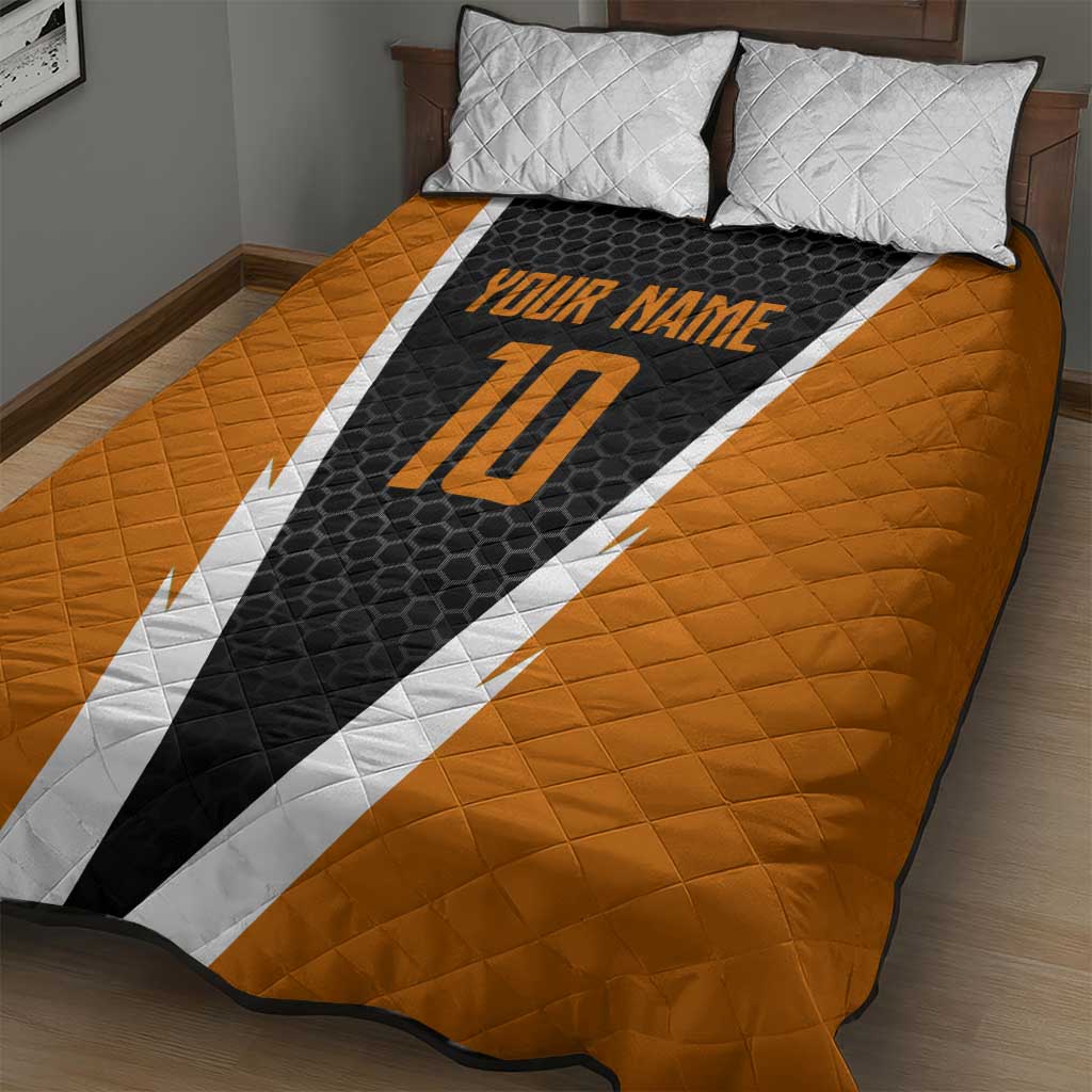 Bass Fishing Quilt Bed Set Jumping Largemouth Fish on Black Hex Pattern and Orange White Lightning Accents - Wonder Print Shop
