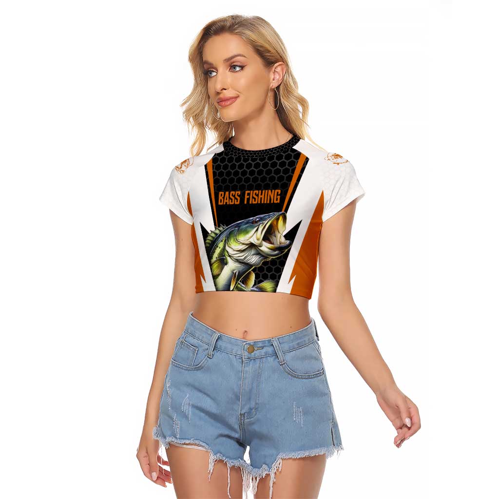 Bass Fishing Raglan Cropped T Shirt Jumping Largemouth Fish on Black Hex Pattern and Orange White Lightning Accents - Wonder Print Shop
