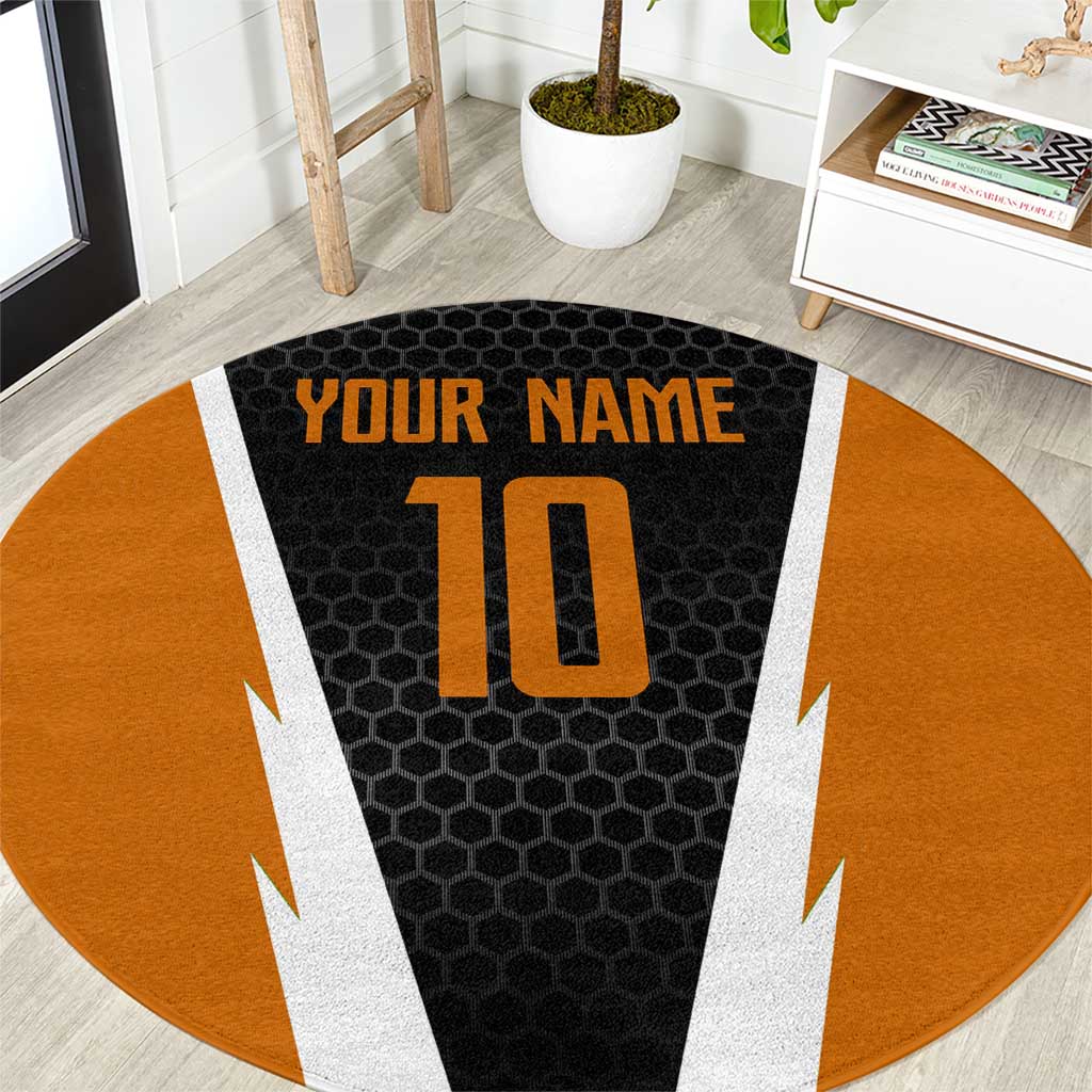 Bass Fishing Round Carpet Jumping Largemouth Fish on Black Hex Pattern and Orange White Lightning Accents - Wonder Print Shop