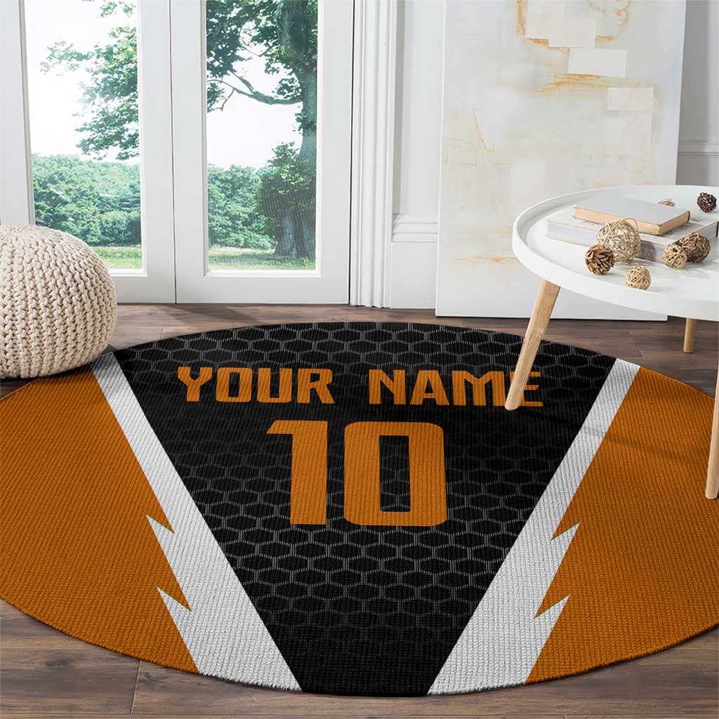 Bass Fishing Round Carpet Jumping Largemouth Fish on Black Hex Pattern and Orange White Lightning Accents - Wonder Print Shop