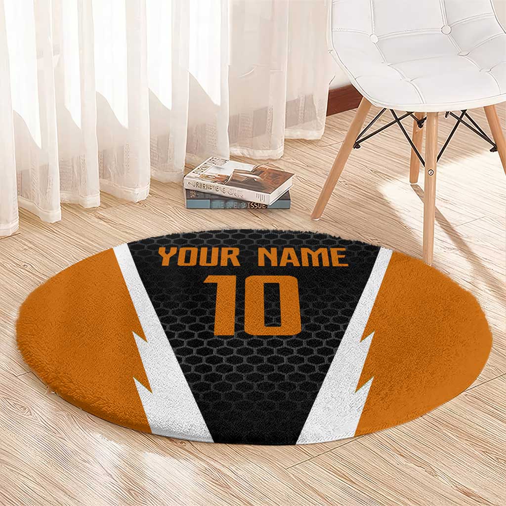 Bass Fishing Round Carpet Jumping Largemouth Fish on Black Hex Pattern and Orange White Lightning Accents - Wonder Print Shop