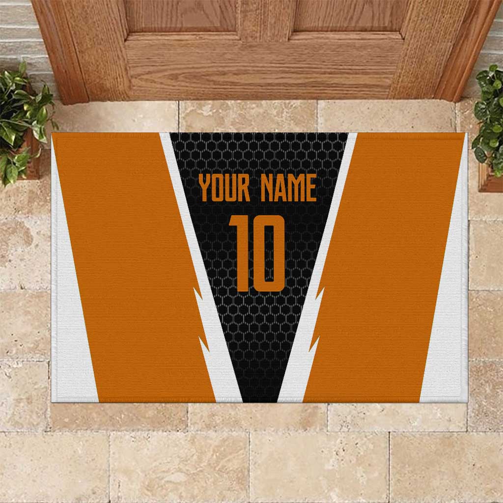 Bass Fishing Rubber Doormat Jumping Largemouth Fish on Black Hex Pattern and Orange White Lightning Accents - Wonder Print Shop