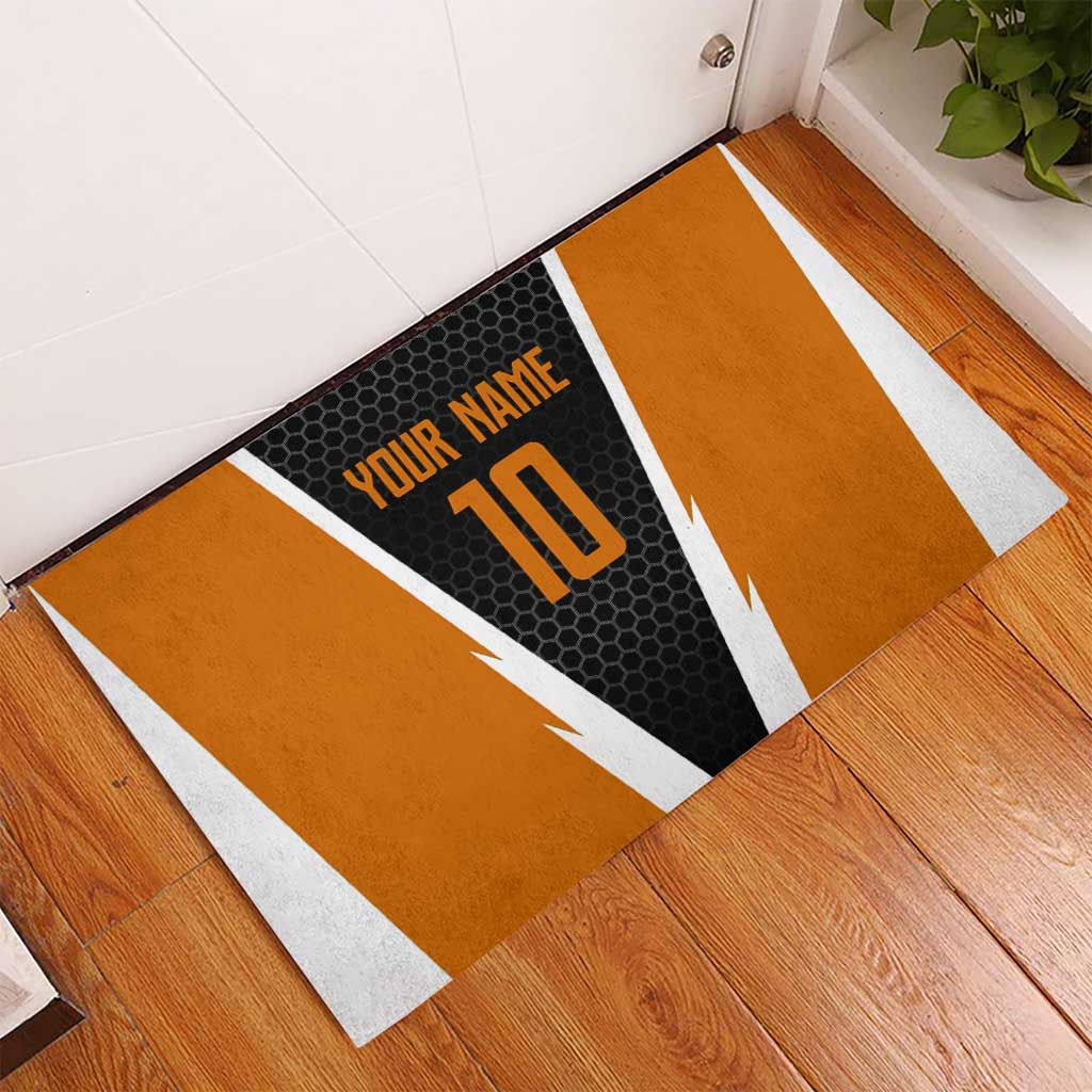 Bass Fishing Rubber Doormat Jumping Largemouth Fish on Black Hex Pattern and Orange White Lightning Accents - Wonder Print Shop