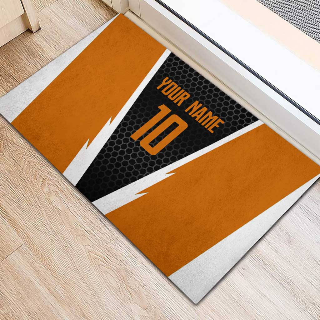 Bass Fishing Rubber Doormat Jumping Largemouth Fish on Black Hex Pattern and Orange White Lightning Accents - Wonder Print Shop