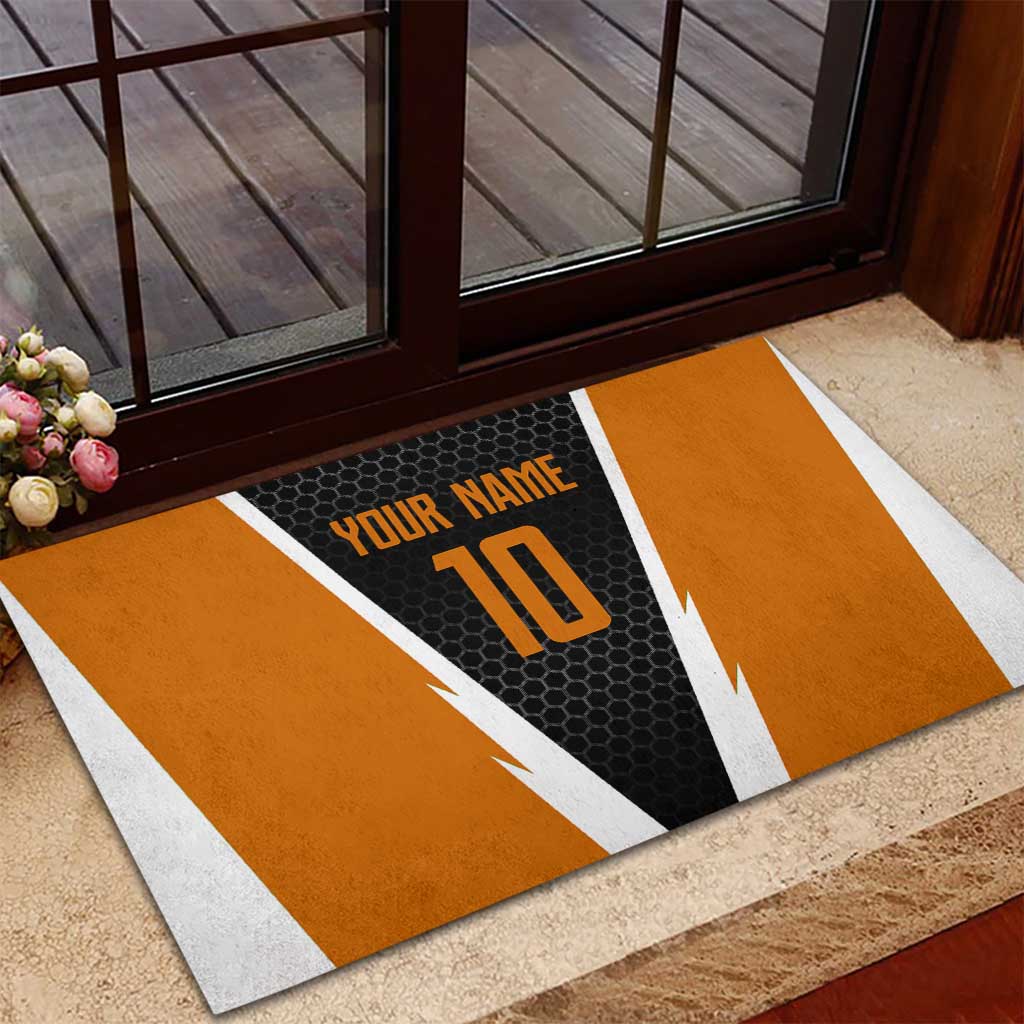 Bass Fishing Rubber Doormat Jumping Largemouth Fish on Black Hex Pattern and Orange White Lightning Accents - Wonder Print Shop