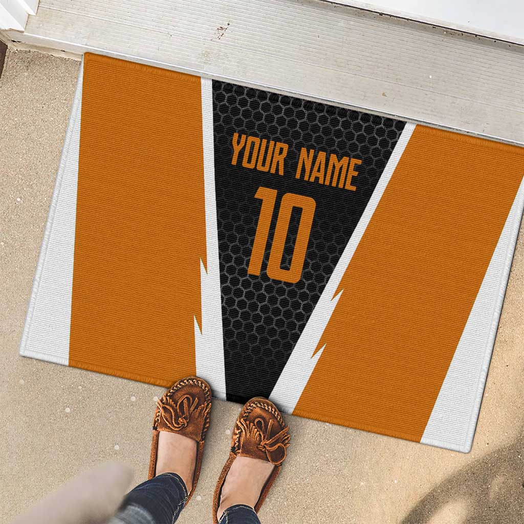 Bass Fishing Rubber Doormat Jumping Largemouth Fish on Black Hex Pattern and Orange White Lightning Accents - Wonder Print Shop