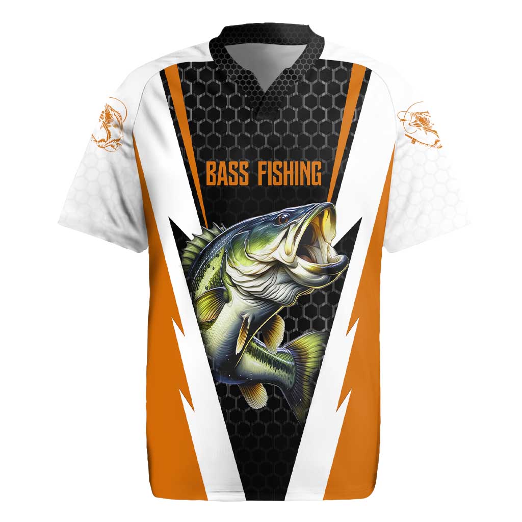 Bass Fishing Rugby Jersey Jumping Largemouth Fish on Black Hex Pattern and Orange White Lightning Accents - Wonder Print Shop