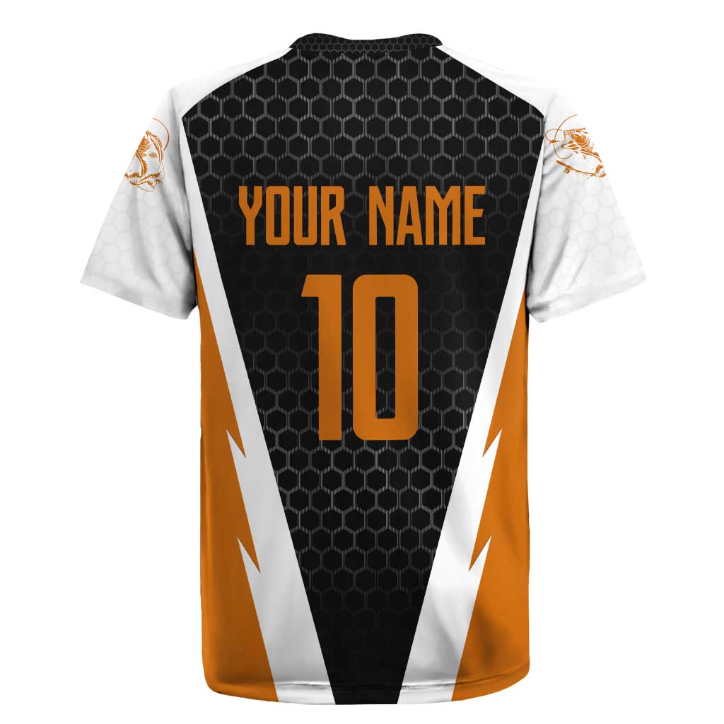 Bass Fishing Rugby Jersey Jumping Largemouth Fish on Black Hex Pattern and Orange White Lightning Accents - Wonder Print Shop