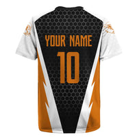 Bass Fishing Rugby Jersey Jumping Largemouth Fish on Black Hex Pattern and Orange White Lightning Accents - Wonder Print Shop