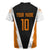 Bass Fishing Rugby Jersey Jumping Largemouth Fish on Black Hex Pattern and Orange White Lightning Accents - Wonder Print Shop