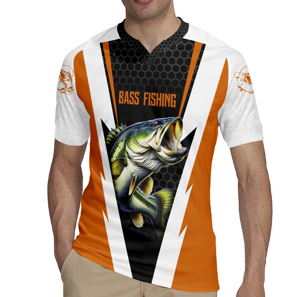 Bass Fishing Rugby Jersey Jumping Largemouth Fish on Black Hex Pattern and Orange White Lightning Accents - Wonder Print Shop