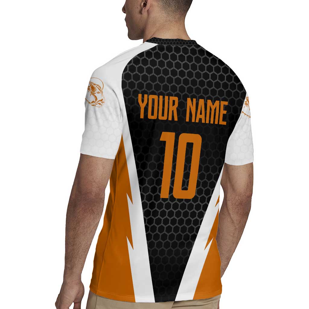 Bass Fishing Rugby Jersey Jumping Largemouth Fish on Black Hex Pattern and Orange White Lightning Accents - Wonder Print Shop