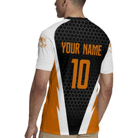 Bass Fishing Rugby Jersey Jumping Largemouth Fish on Black Hex Pattern and Orange White Lightning Accents - Wonder Print Shop