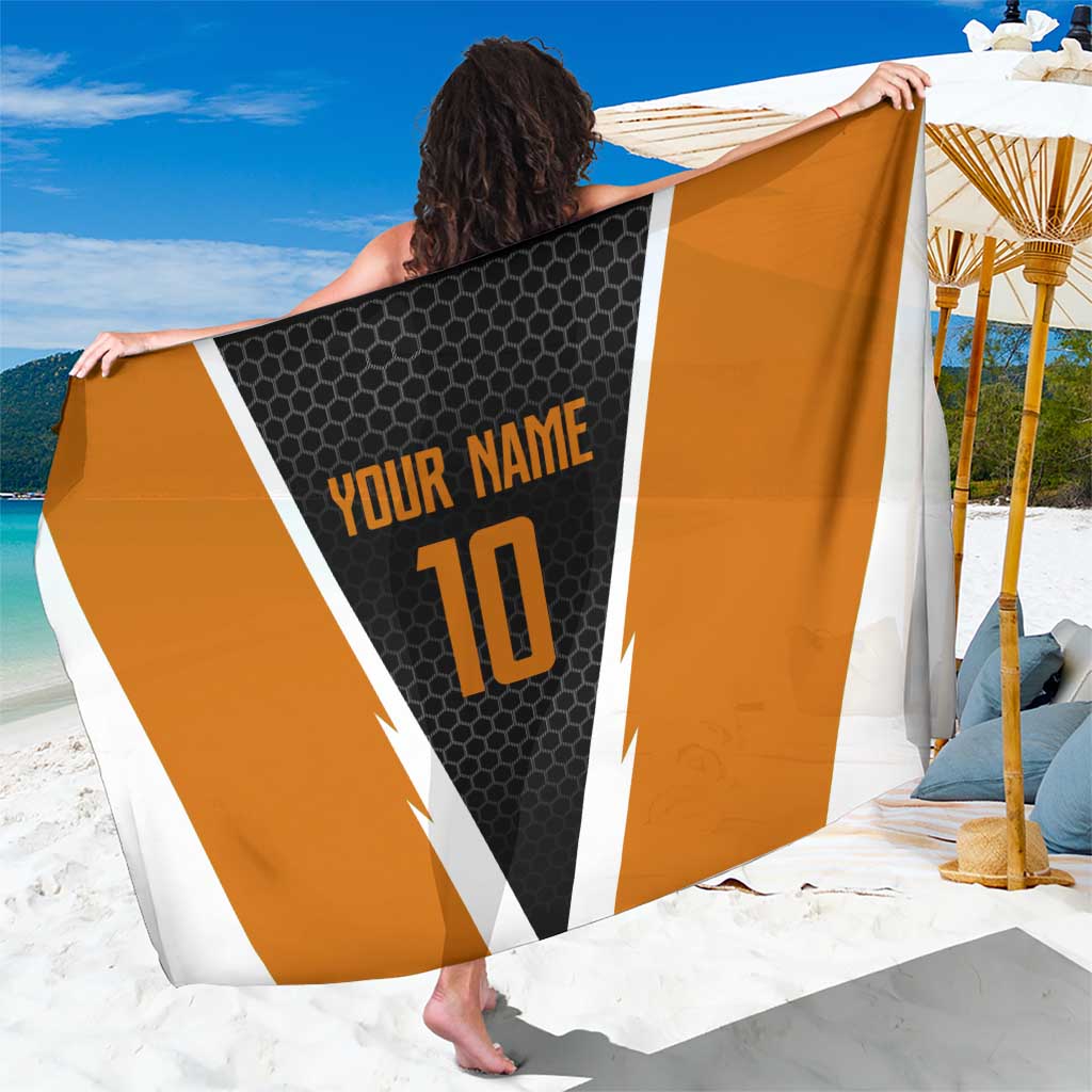 Bass Fishing Sarong Jumping Largemouth Fish on Black Hex Pattern and Orange White Lightning Accents - Wonder Print Shop