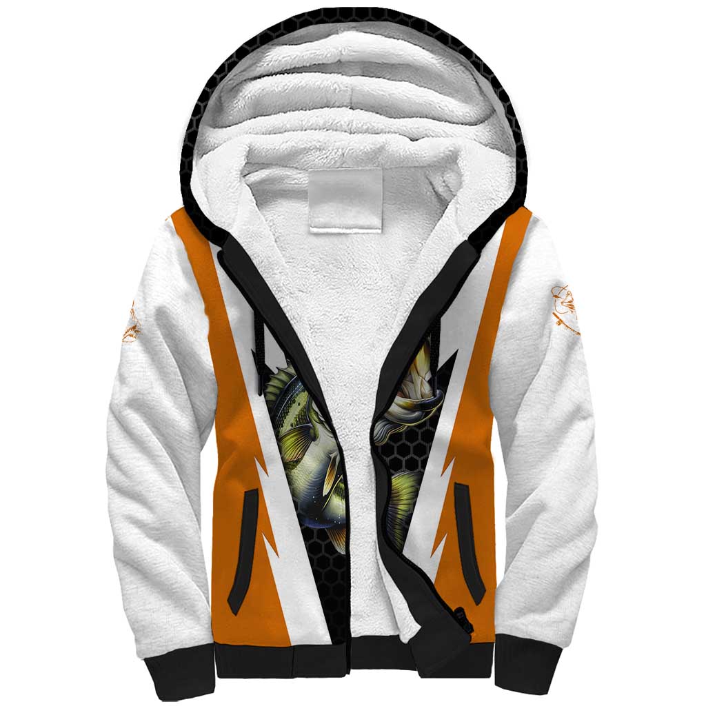 Bass Fishing Sherpa Hoodie Jumping Largemouth Fish on Black Hex Pattern and Orange White Lightning Accents - Wonder Print Shop