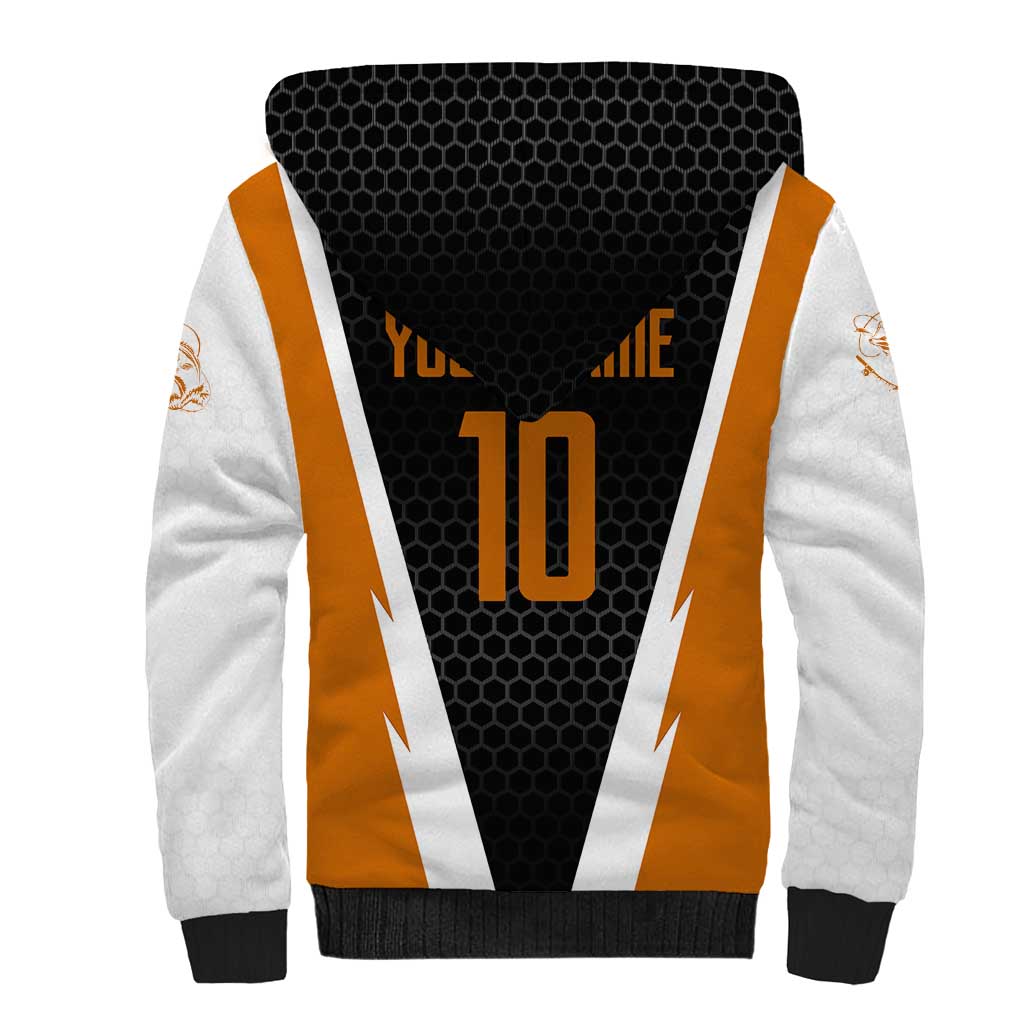 Bass Fishing Sherpa Hoodie Jumping Largemouth Fish on Black Hex Pattern and Orange White Lightning Accents - Wonder Print Shop