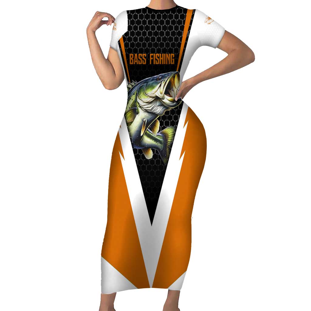 Bass Fishing Short Sleeve Bodycon Dress Jumping Largemouth Fish on Black Hex Pattern and Orange White Lightning Accents - Wonder Print Shop