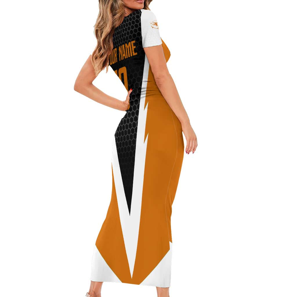 Bass Fishing Short Sleeve Bodycon Dress Jumping Largemouth Fish on Black Hex Pattern and Orange White Lightning Accents - Wonder Print Shop