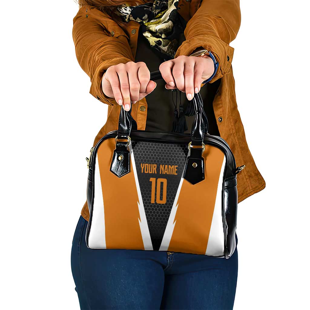 Bass Fishing Shoulder Handbag Jumping Largemouth Fish on Black Hex Pattern and Orange White Lightning Accents - Wonder Print Shop
