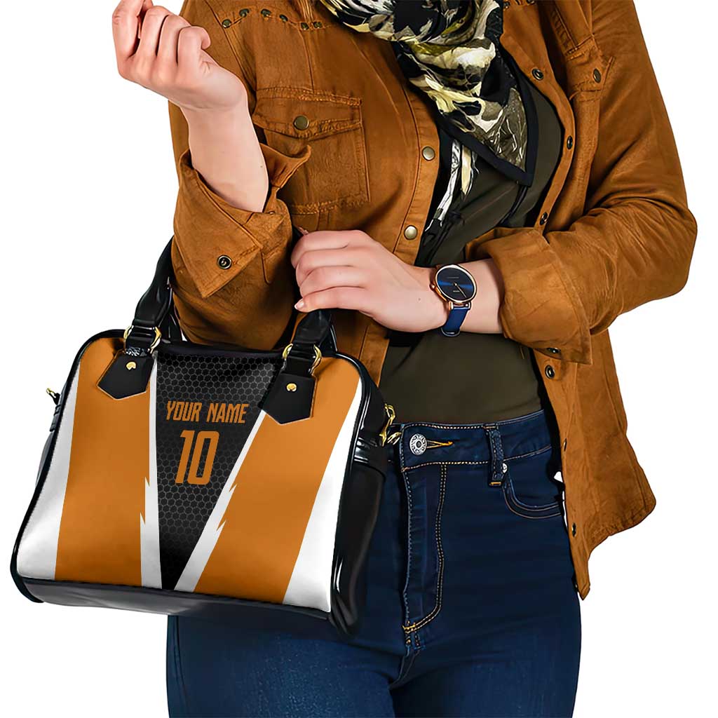 Bass Fishing Shoulder Handbag Jumping Largemouth Fish on Black Hex Pattern and Orange White Lightning Accents - Wonder Print Shop