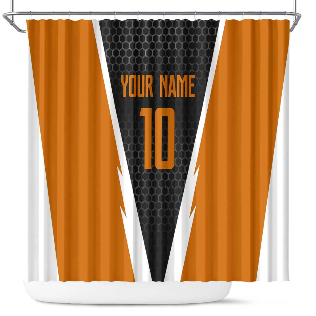 Bass Fishing Shower Curtain Jumping Largemouth Fish on Black Hex Pattern and Orange White Lightning Accents - Wonder Print Shop