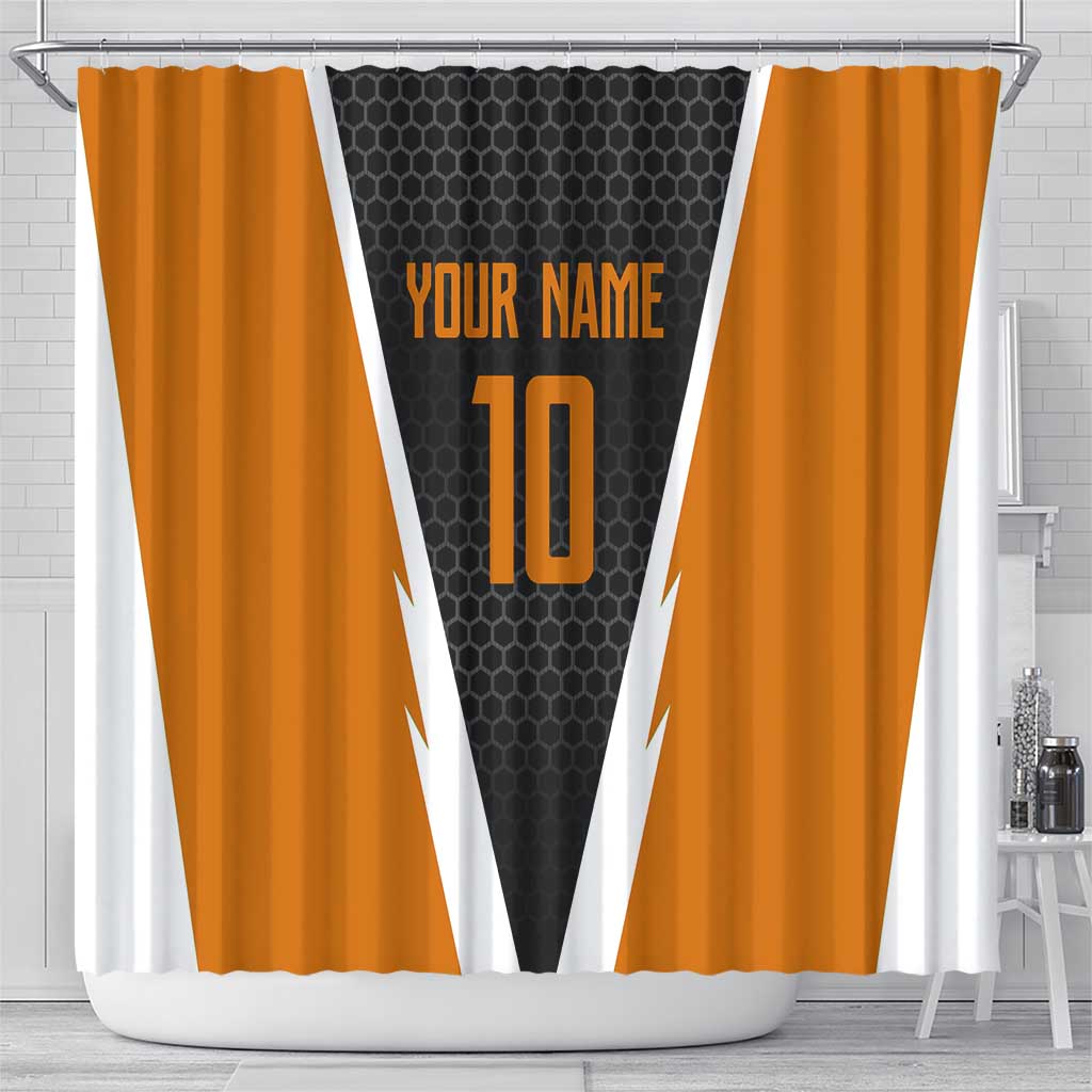 Bass Fishing Shower Curtain Jumping Largemouth Fish on Black Hex Pattern and Orange White Lightning Accents - Wonder Print Shop