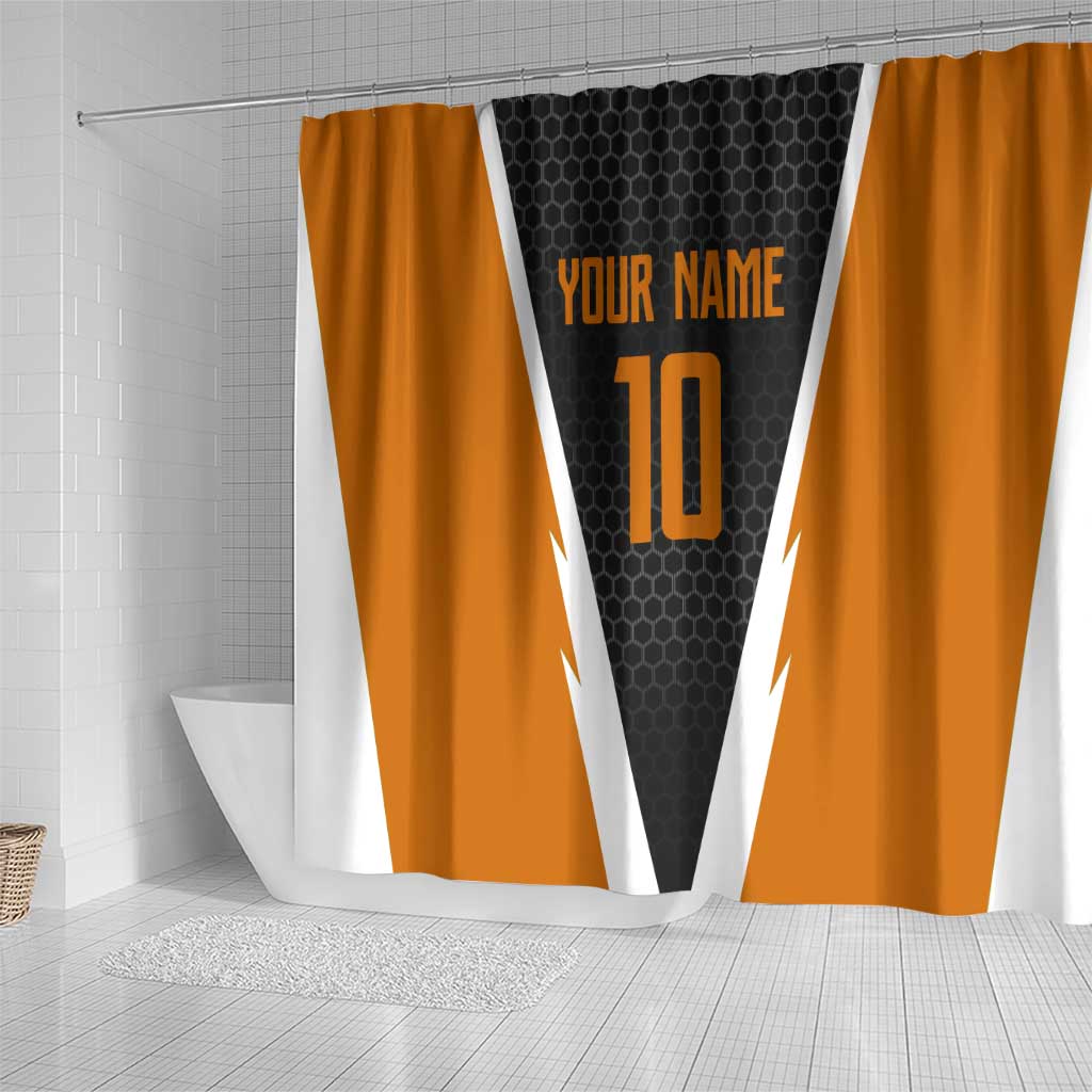 Bass Fishing Shower Curtain Jumping Largemouth Fish on Black Hex Pattern and Orange White Lightning Accents - Wonder Print Shop