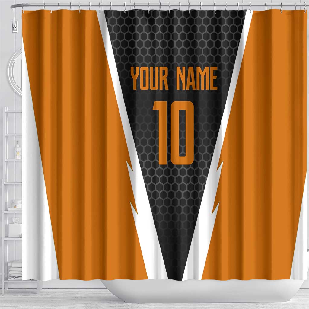 Bass Fishing Shower Curtain Jumping Largemouth Fish on Black Hex Pattern and Orange White Lightning Accents - Wonder Print Shop