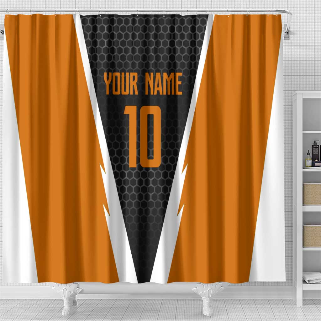 Bass Fishing Shower Curtain Jumping Largemouth Fish on Black Hex Pattern and Orange White Lightning Accents - Wonder Print Shop