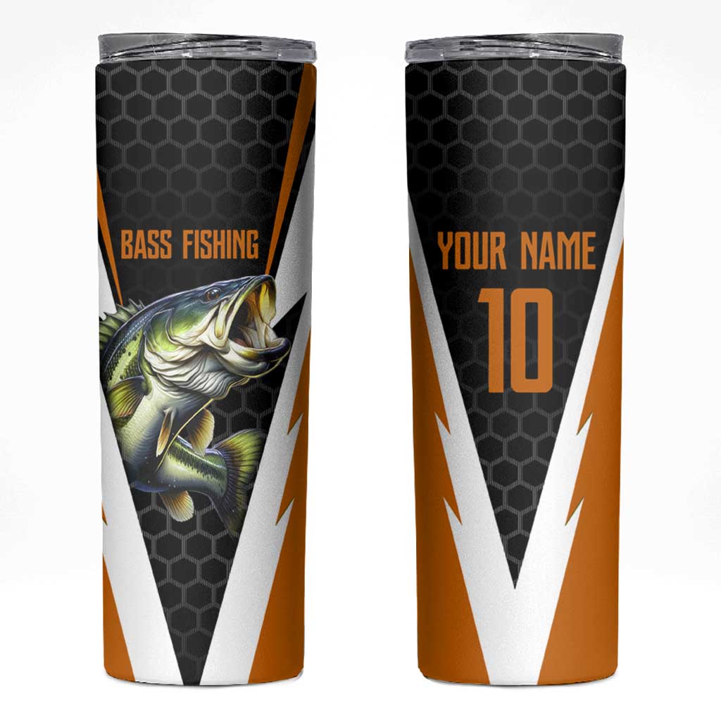 Bass Fishing Skinny Tumbler Jumping Largemouth Fish on Black Hex Pattern and Orange White Lightning Accents - Wonder Print Shop